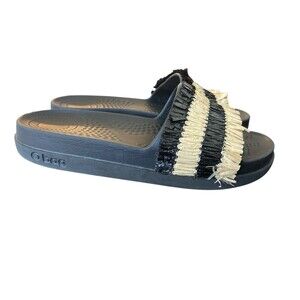 O Bag Straw Sandals Black/Cream Size‎ 9 Made In Italy Striped